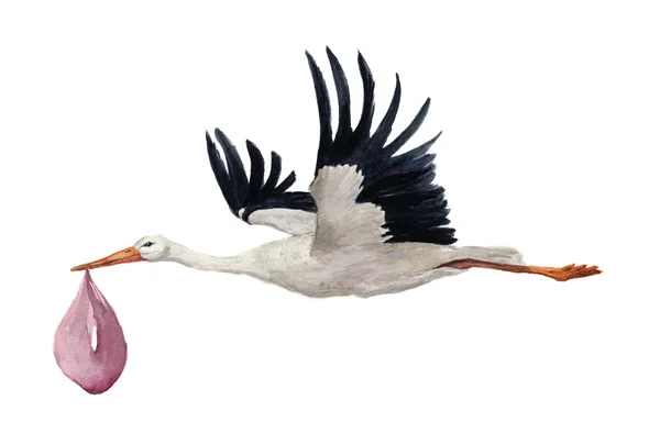 Акварель расписанные Летающий белый аист с ребенком девушка. Ручная роспись ciconia птица иллюстрации, изолированные на белом фоне. Дизайн, печать или фон Стоковое Изображение