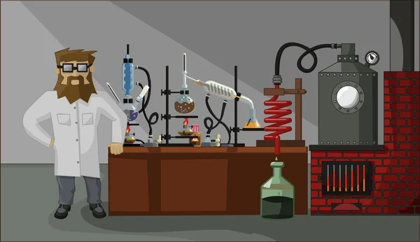 Бородатый химик в фоновом режиме лаборатории — стоковый вектор