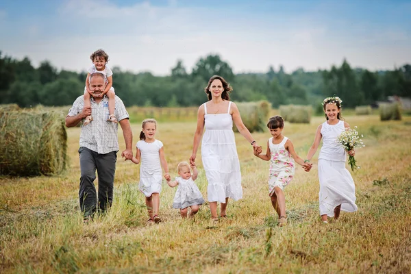 Счастливый большая семья в поле — стоковое фото