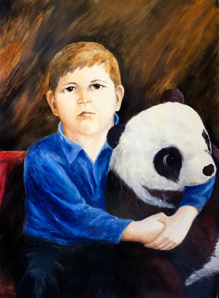 Картина Маслом Портрет Мальчика Игрушка Панды — стоковое фото