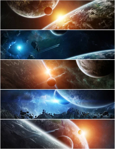 Панорама далекой планете системы в пространстве 3d визуализации элементов — стоковое фото