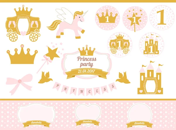 Розовый и Золотой принцесса партия декора. Элементы шаблона мило с днем рождения карты — стоковый вектор