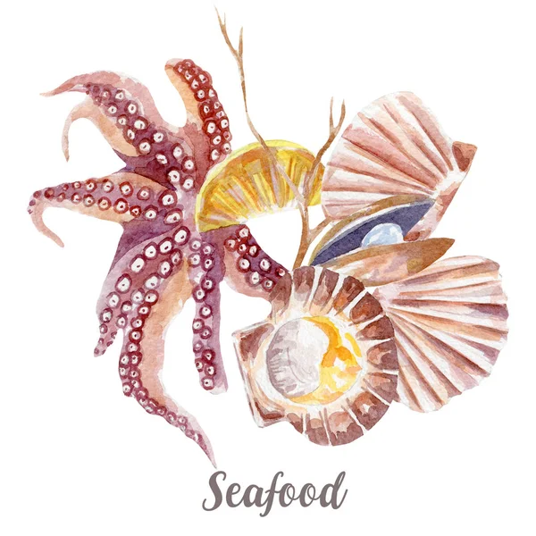 Иллюстрация из морепродуктов. Ручной обращается акварель на белом фоне — стоковое фото