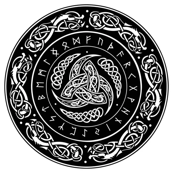 Тройной рога Одина, украшенные скандинавским орнаментом и руны — стоковый вектор