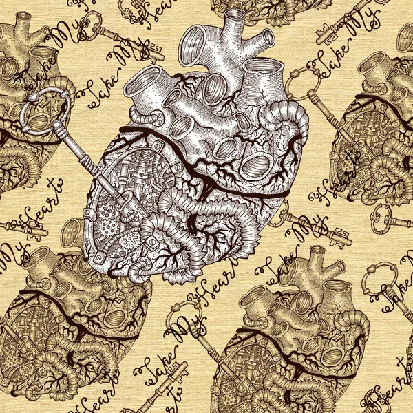 Бесшовный Фон Человеческое Сердце Ключом Стимпанк Механические Части Графический Дизайн — стоковое фото