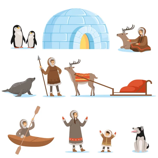 Эскимосский символов в традиционной одежде и их арктических животных. Жизнь на крайнем севере. Набор Красочный мультфильм подробные векторные иллюстрации — стоковый вектор