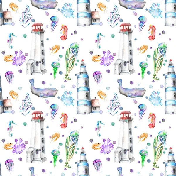 Бесшовный узор с акварельной элементов на морскую тему: маяки, киты, морские коньки, медуз и другие морские элементы — стоковое фото