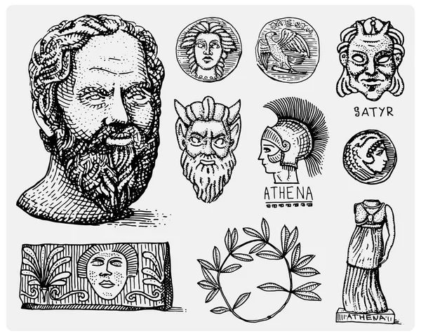 Древней Греции, античный символы голова Сократа, лавровый венок, Афина статуя и сатир лицо с старинные монеты, гравированные рисованной в эскиз или дерева, вырезать стиль, старые смотреть ретро — стоковый вектор