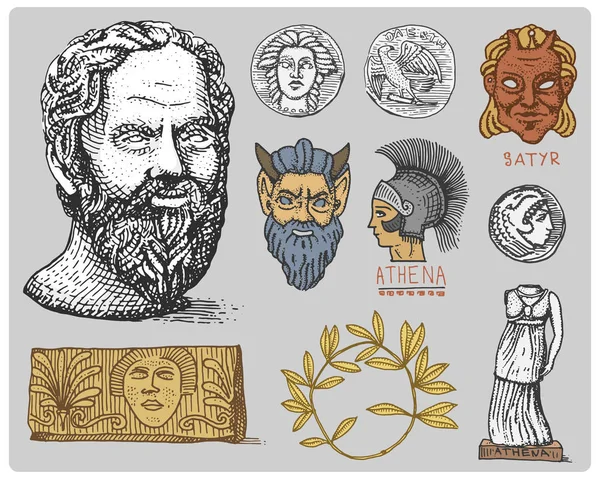 Древней Греции, античный символы голова Сократа, лавровый венок, Афина статуя и сатир лицо с старинные монеты, гравированные рисованной в эскиз или дерева, вырезать стиль, старые смотреть ретро — стоковый вектор