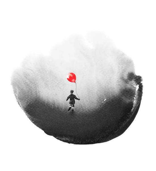 Мальчик с красный шар пропускает в мечты — стоковое фото