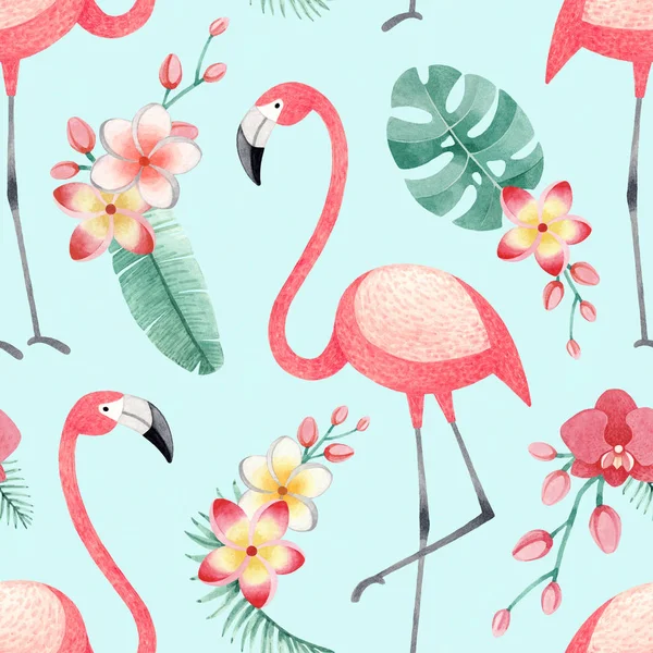 Акварельные Иллюстрации Фламинго Тропические Цветы Листья Бесшовный Узор Тропических Стоковое Фото