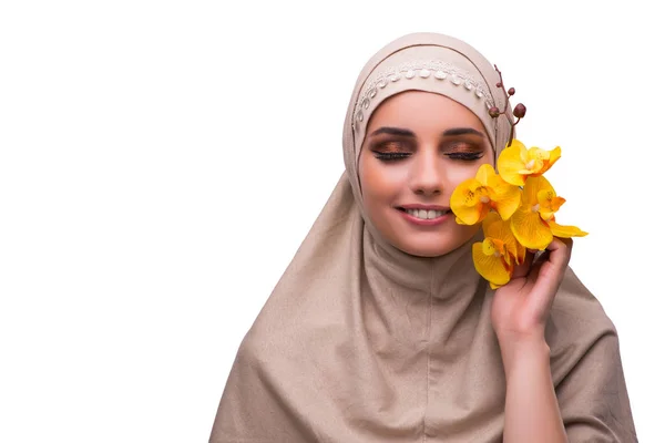 Арабская женщина с орхидеи цветок, изолированные на белом Лицензионные Стоковые Изображения