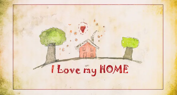 Я люблю моего дома простых рисунков, цитата фон, сладкий корзину гранж-дизайн — стоковое фото