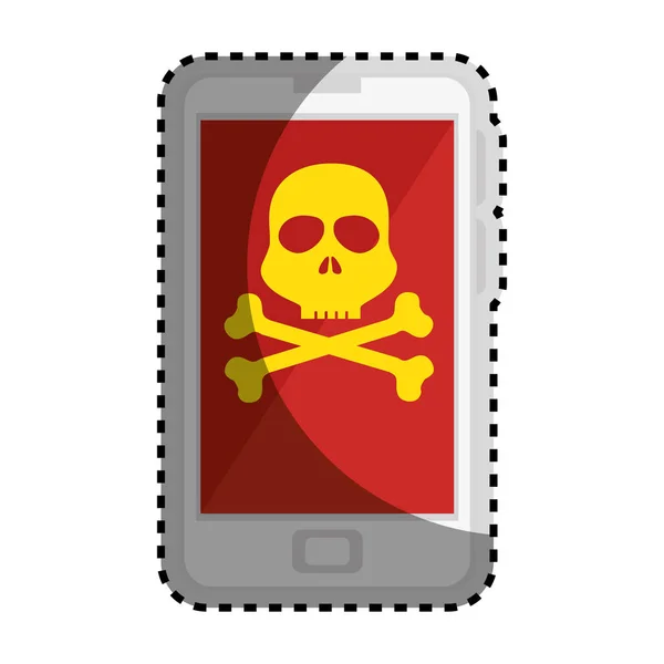Силуэт цвета стикер с сотового телефона с вирусом череп и кости — стоковый вектор