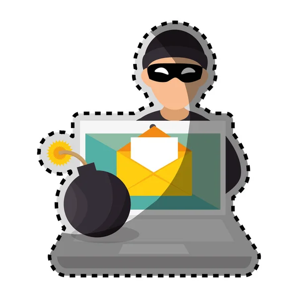 Силуэт цвета стикер с Хакер и ноутбук и бомба — стоковый вектор