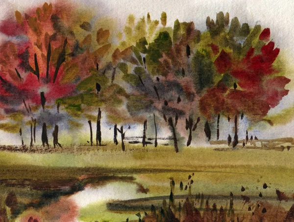 Осенний пейзаж акварель — стоковое фото