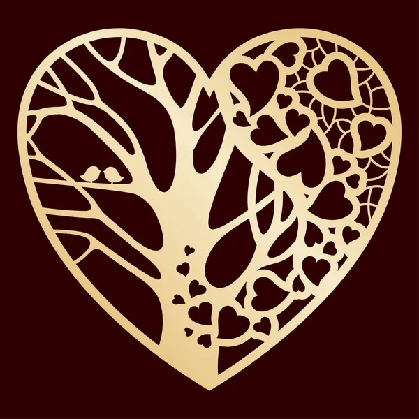 Ажурный Золотое сердце с деревом внутри. Лазерная резка или фольгирования шаблон — стоковый вектор
