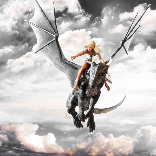 Дракон всадника, блондинка девушки, езда обратно черный летающего дракона Стоковое Изображение