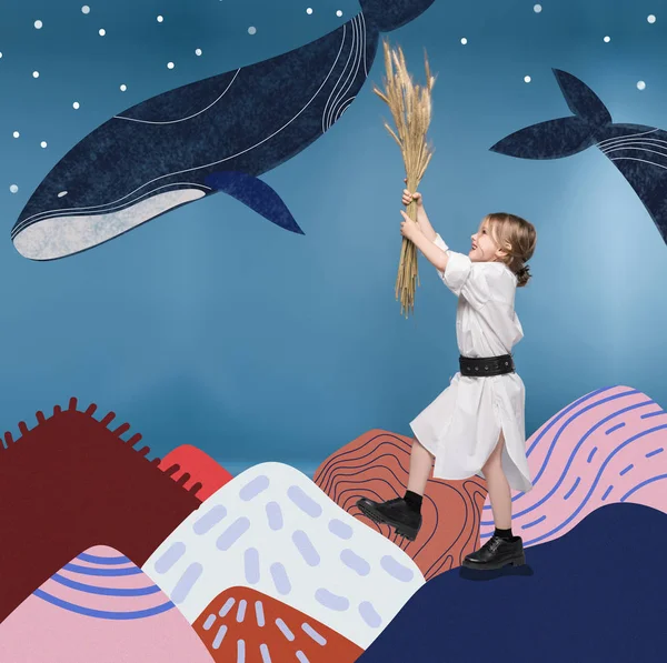 Девушка с колосья пшеницы и китов Стоковая Картинка