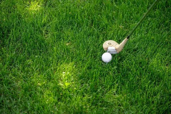 Крупным Планом Вид Гольф Клуб Мяч Зеленой Траве — стоковое фото
