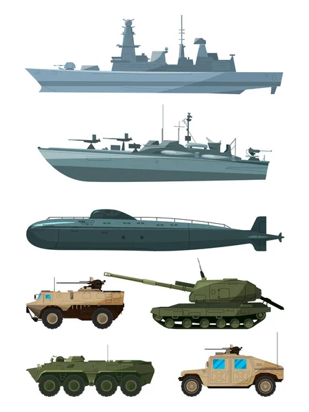 Корабли и бронетехники земли силами. Военно-транспортная поддержка — стоковый вектор