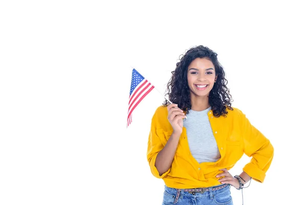 Улыбающаяся Девочка Подростковой Афро Американских Студентов Флагом Сша Изолированные Белом Лицензионные Стоковые Фото