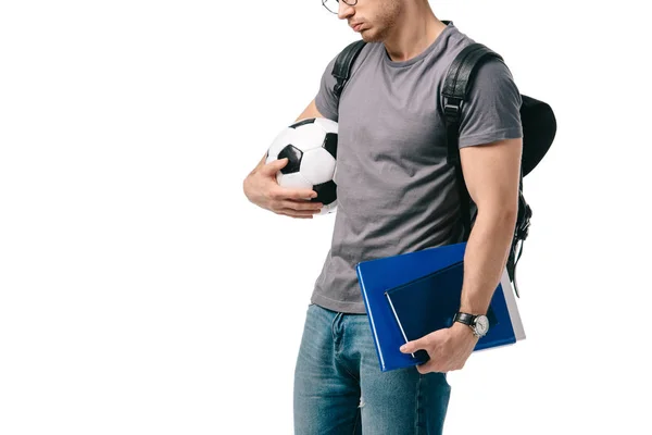Обрезанное Изображение Студента Держа Мяч Футбольный Изолированные Белом Лицензионные Стоковые Изображения