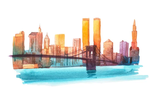 Манхэттенский мост Нью-Йорк город Акварельные иллюстрации — стоковое фото