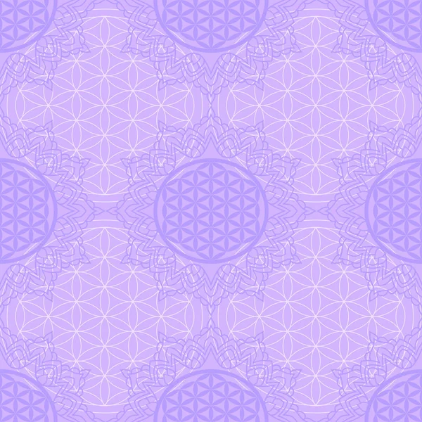 Бесшовный узор с фиолетовым символом цветка жизни в рамках мандалы. Сакральной геометрии. Древний символ семя жизни — стоковый вектор