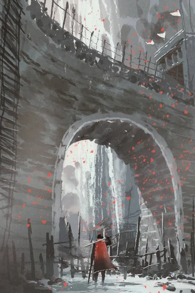 Рыцарь, стоя под старый каменный арочный мост — стоковое фото
