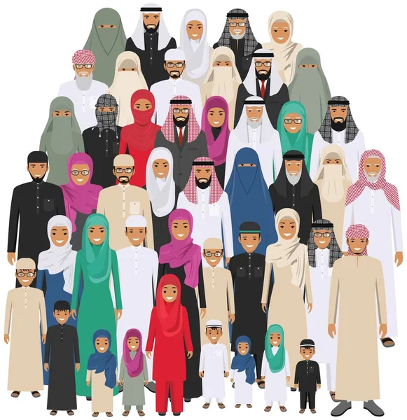 Семья и социальная концепция. Арабские человек поколений в разном возрасте. Группа молодых и старых мусульманских людей, стоя вместе в различных традиционной исламской одежде на белом фоне в плоский — стоковый вектор