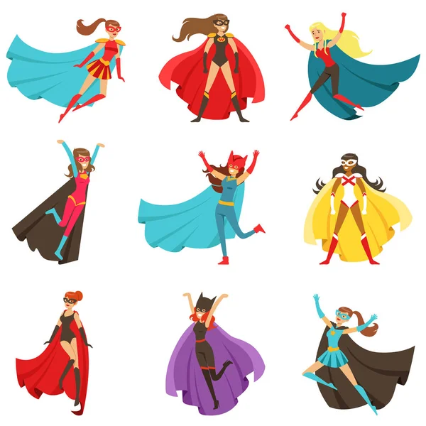 Женщины супергерои в костюмы классические комиксы с мысами набор улыбаясь плоский персонажи с сверхдержав Лицензионные Стоковые Векторы