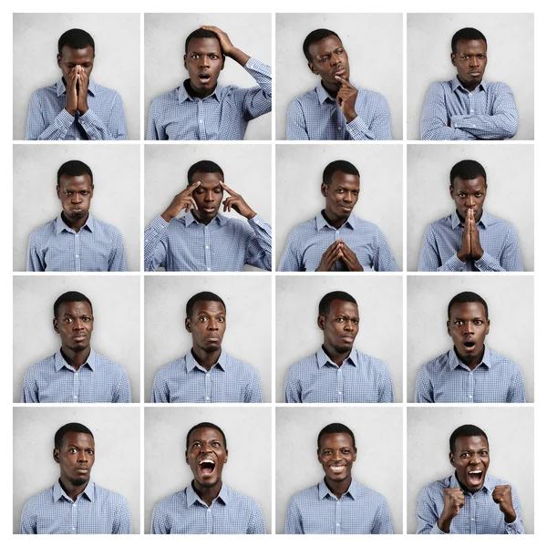 Набор африканских человек одет в синюю рубашку, показаны различные эмоции: грусть, удивление, гнев. Коллаж эмоционального мужчины, демонстрируя различные чувства и делая различные жесты на белом фоне — стоковое фото