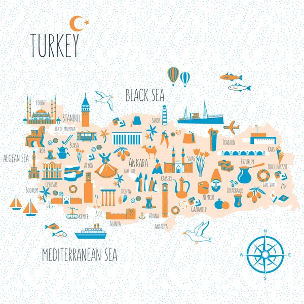 Турция мультфильм путешествия карты векторные иллюстрации, ориентир Галатская башня, гора Немрут, Аныткабир, Мечеть Селимие, Измирскую башню, Библиотека Цельса, Турецкий символом троянский конь, Стамбул трамвай значок — стоковый вектор