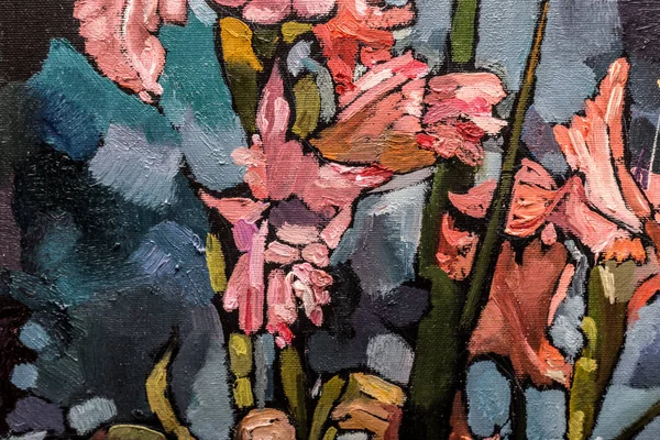 Живопись Натюрморт маслом текстуры, ирисы искусство импрессионизма, окрашенные изображения цвета, фоны и обои, цветочный узор на холсте — стоковое фото