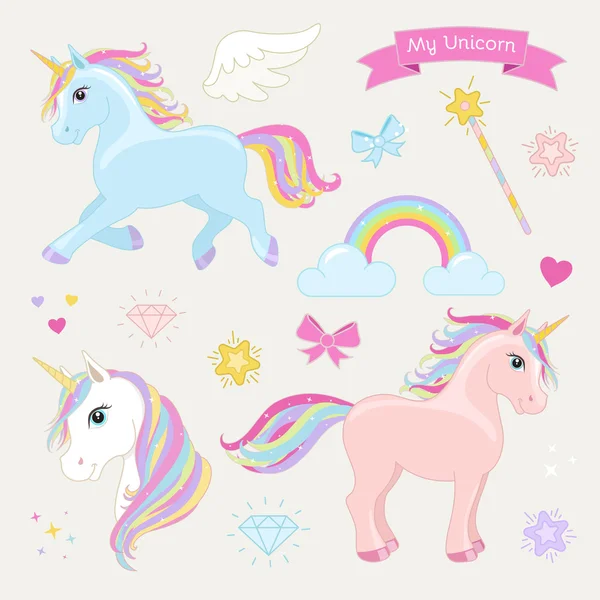 Unicorn set with running unicorn, standing unicorn, unicorn head, hearts, clouds, rainbow, magic wand, stars, bows, diamonds, wing and text: My Unicorn. — стоковый вектор