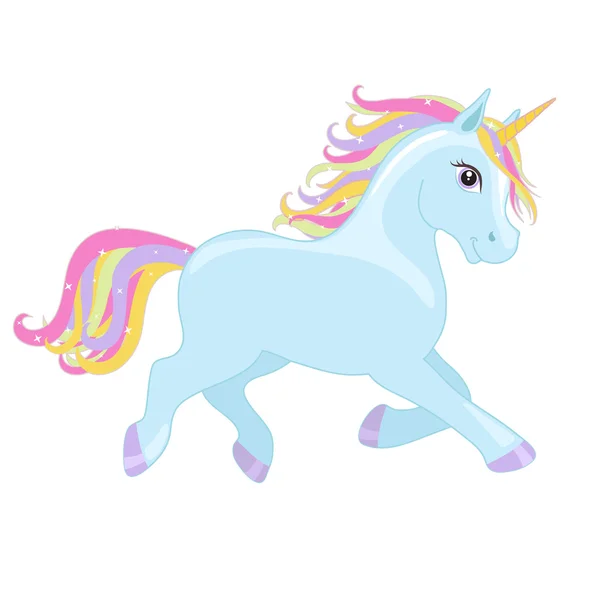 Blue running unicorn with mane and horn. Vector starry background. — стоковый вектор