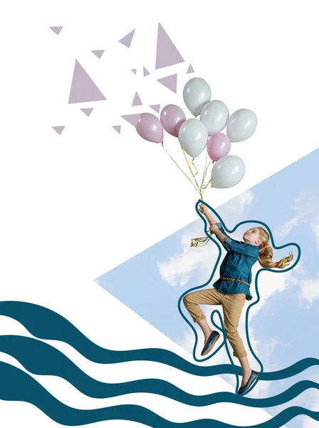 Девушка, летающая с воздушными шарами Лицензионные Стоковые Изображения