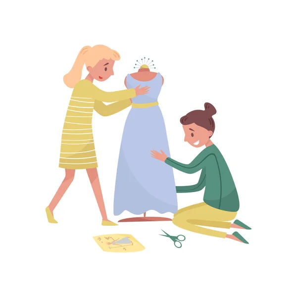 Two young girls sews dress. Profession of fashion designer. Female dressmakers at work. Flat vector illustration — стоковый вектор