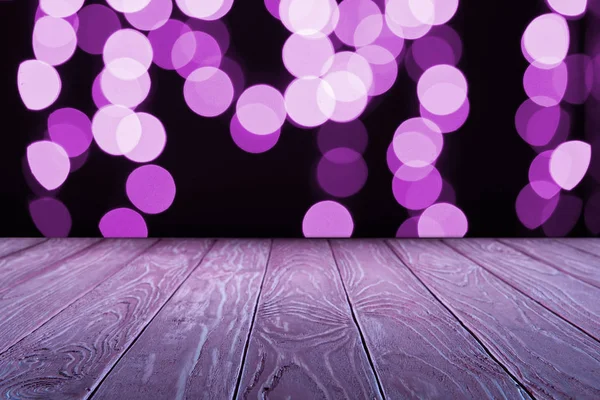 Empty Wooden Surface Beautiful Purple Bokeh Background — стоковое фото