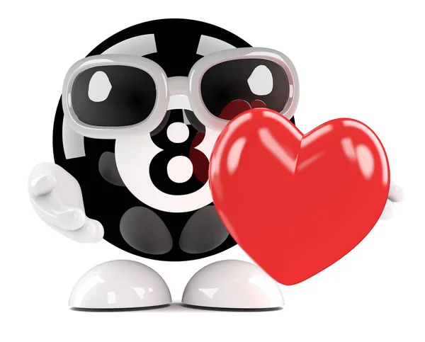 Render Eight Ball Character Hugging Red Heart — стоковое фото