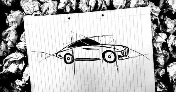 Цифровая Композитный Эскиз Автомобилей Рук Рисования Идея Бумаге — стоковое фото