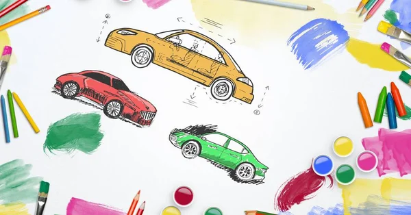 Цифровая Композитный Эскиз Автомобилей Рук Рисования Творческие Предметы Искусства — стоковое фото