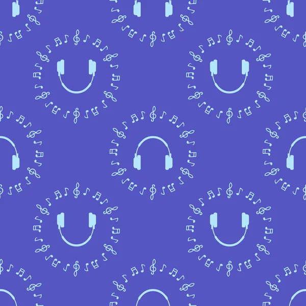 Seamless Music Pattern Notes Headphones Blue Background — стоковый вектор