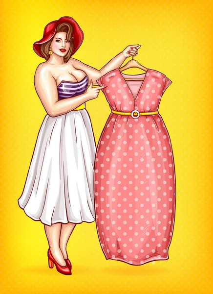 Вектор женщина и избыточный вес, портной, указывая на платье — стоковый вектор