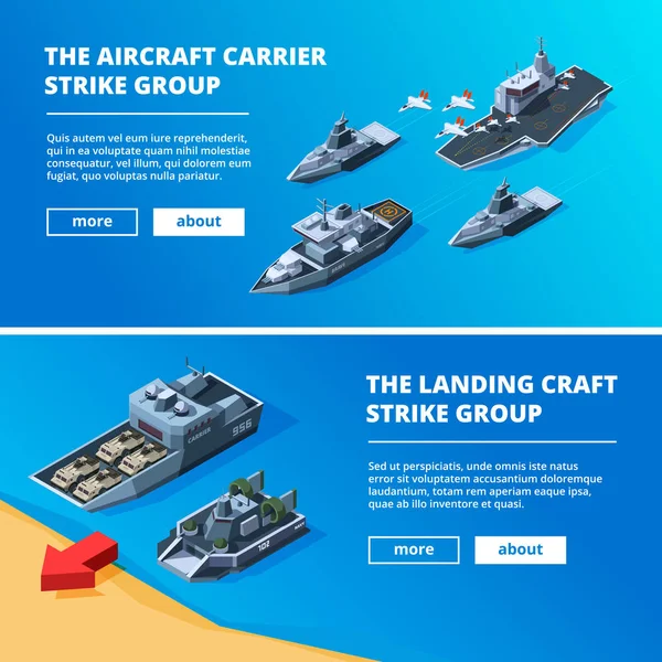 Banners with military boats. Vector pictures of warships — стоковый вектор