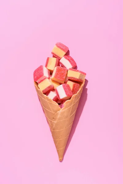 Top View Delicious Gummy Candies Waffle Cone Pink Лицензионные Стоковые Фото