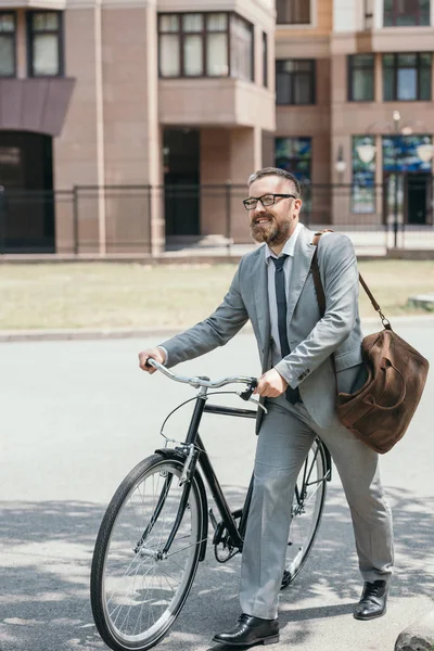 Handsome Businessman Grey Suit Glasses Walking Bike Street City — стоковое фото