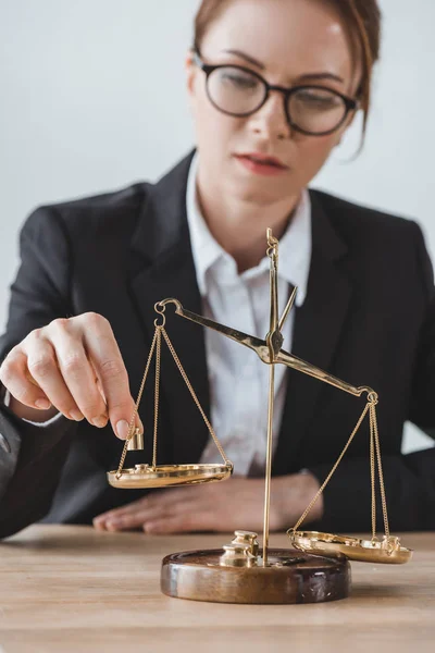 Business Adviser Putting Precision Weights Scales Office Лицензионные Стоковые Фото