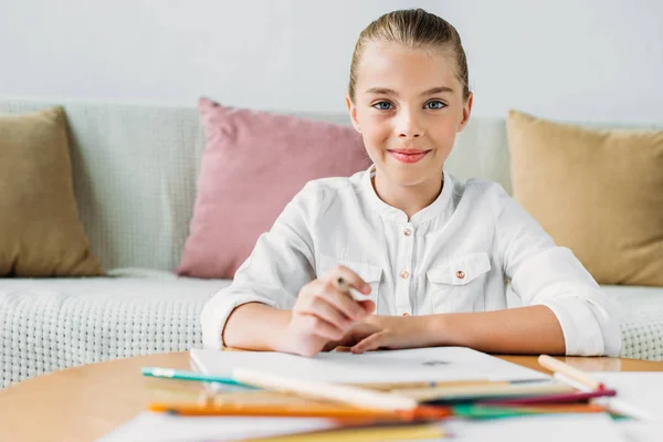 Adorable Little Child Drawing Color Pencils Looking Camera — стоковое фото